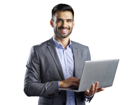 A businessman is standing in a studio, isolated on a grey background, working on a laptop with a concentrated expression transparent background png file,