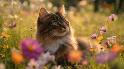 A serene cat lying among colorful flowers in a sunlit meadow.