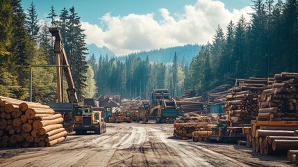 Lumber Processing Site with Large Saws Cutting Timber