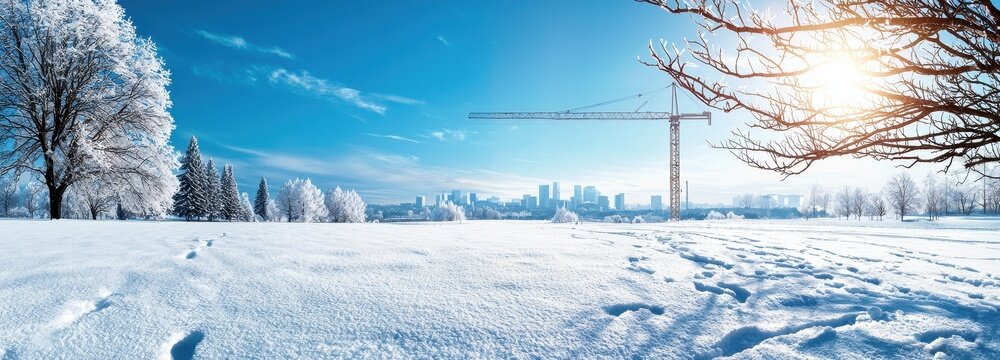 A stunning winter landscape featuring a snowy field, frosty trees, and a construction crane against a bright blue sky.