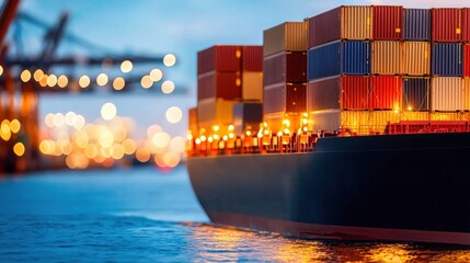 A vibrant cargo ship loaded with containers docked at a harbor, illuminated by city lights at dusk, showcasing maritime logistics.