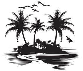 Tropical island with palm trees silhouette on the beach Summer vacation vector