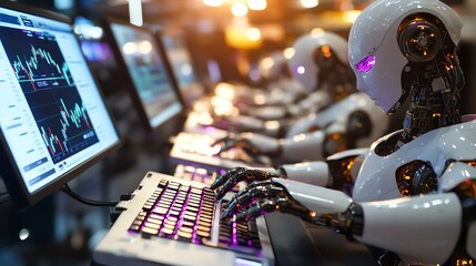 Futuristic robots working on computers with financial charts in a high-tech environment, showcasing AI technology in action.