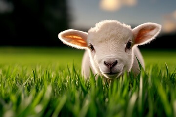 Obraz premium Easter lamb grazing in a field as a symbol of peace and new beginnings in the gentle springtime air