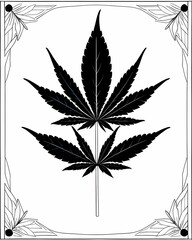 A black and white drawing of a marijuana leaf on a white background. Black and white illustration for coloring book 