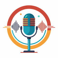 Retro Microphone Stand with Sound Wave Circle – Art Vector Illustration