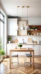 Contemporary kitchen interior, wall mock up, modern 3d render, white Mock up frame