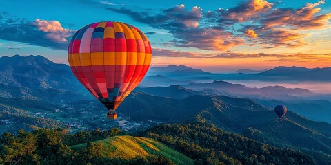 Obraz premium Colorful balloons hovering over the mountains at dawn, against a background of blue sky and greenery