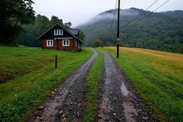 Fototapeta premium Foggy road leading to a house where no one has lived for decades, the air heavy with silence and dread