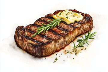 Juicy grilled steak with melting herb butter and fresh rosemary, perfectly cooked and served on a white background.