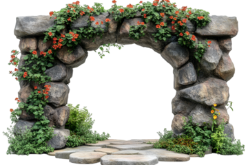 a stone archway with flowers on white background.