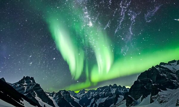 W malowniczym g&oacute;rskim krajobrazie, zorza polarna rozświetla nocne niebo, tworząc dynamiczne widowisko świetlne.