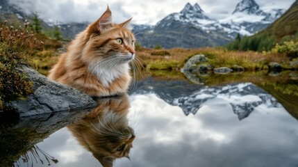 Obraz premium A serene orange cat gazes at its reflection in a tranquil mountain lake.