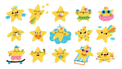 Fototapeta premium Cartoon cute stars. Funny characters. Different situations and poses. Emotion expressions. Happy mascot. Smiling personages. Crying emoji. Joyful fly. Starry beach relax. Garish vector set