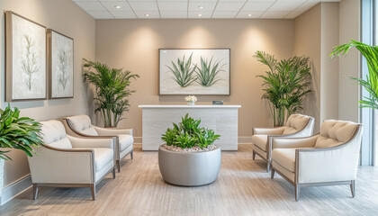 Modern hotel reception area decorated with green plants