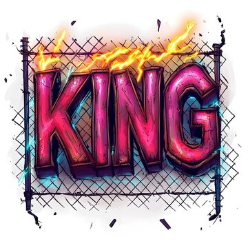 King is a word that is written in pink and red letters. The letters are drawn in a way that makes them look like they are flames. The image has a dark and moody feel to it