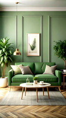Cozy green home interior with green sofa, table in living room, 3d render, white Mock up frame