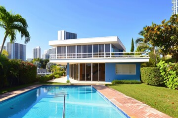 Fototapeta premium Sparkling Pool Retreat in a Modern Sophisticated Home - Generative Ai. Beautiful simple AI generated image