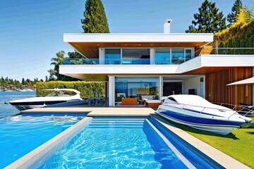 Sparkling Pool Retreat in a Modern Sophisticated Home - Generative Ai. Beautiful simple AI generated image