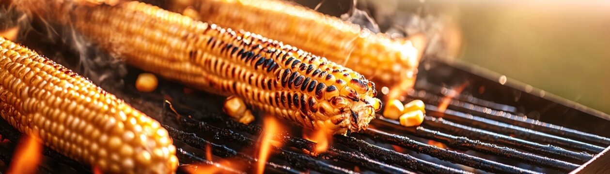Grilled corn on the cob sizzling over hot flames, perfect for summer cookouts and outdoor gatherings.