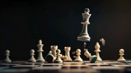 A white chess queen is suspended in mid-air above a chessboard with other pieces, suggesting a powerful move or a moment of victory.