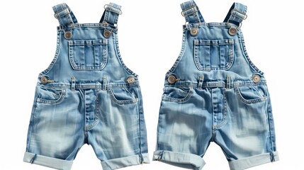 Blue denim overalls with rolled up legs isolated on a white background.