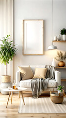 Cozy home interior with frame mockup, white Mock up frame