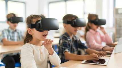Middle School Students Engaged in Virtual Reality Learning with Tablets in Bright Modern Classroom, Daytime