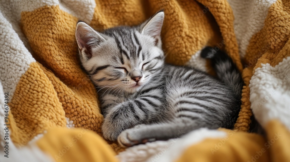 Wall mural A sleeping kitten nestled in a cozy blanket, exuding warmth and tranquility.