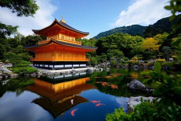 Golden Pavilion with koi fish swimming gracefully in the pond beneath it, adding life and movement to the serene setting