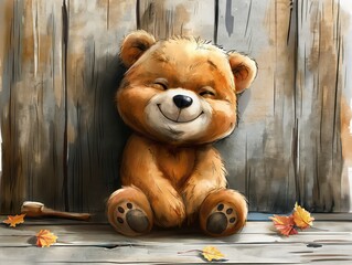Adorable teddy bear sitting against a wooden background with autumn leaves scattered, sporting a warm smile.