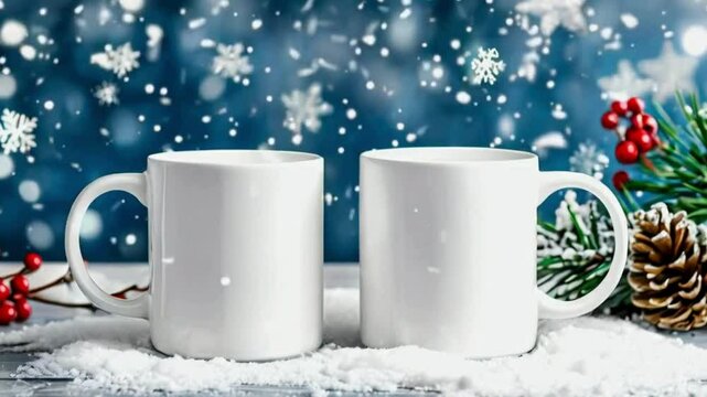 Christmas Mug Mockup - Festive Coffee Cup Design Template with Snowflakes and Ornaments, Christmas-themed mug mockups with a festive design element.
