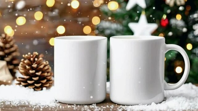Christmas Mug Mockup - Festive Coffee Cup Design Template with Snowflakes and Ornaments, Christmas-themed mug mockups with a festive design element.
