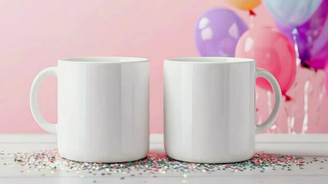 Mug Mockup with Balloons - Festive Coffee Cup Design Template for Celebrations and Parties, celebratory or party-themed mug mockups with a balloon element.
