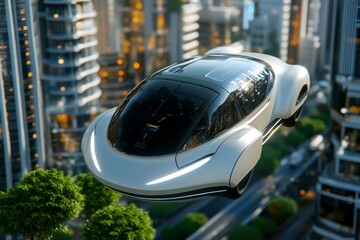 Hybrid engine blending electric and gasoline power in a futuristic cityscape, showcasing sustainable transportation