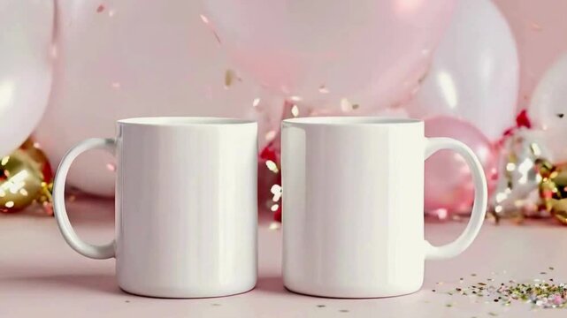 Mug Mockup with Balloons - Festive Coffee Cup Design Template for Celebrations and Parties, celebratory or party-themed mug mockups with a balloon element.
