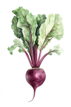 Watercolor painting representing a beetroot with large leaves, an illustration suggesting the benefits of this vegetable on health