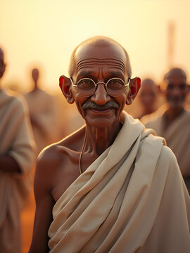 Mahatma Gandhi (Gandhiji) smiling happily among people in India with Indian flag in the background