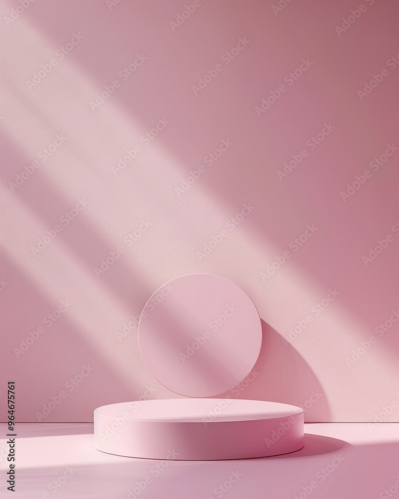 Poster soft pink minimalist mockup with circular podium on pastel background, featuring gentle shadows and 