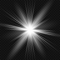 White beautiful light explodes with a transparent explosion. Vector, bright illustration for perfect effect with sparkles. Bright Star. Transparent shine of the gloss gradient, bright flash.