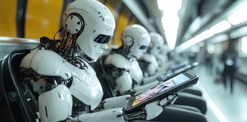 Fototapeta premium Robots using digital tablet technology on public transport