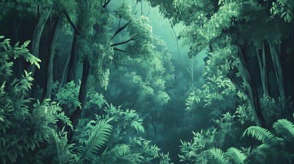 Obraz premium Cartoon Forest Scene: Mountain, Trees, and Jungle Background Image