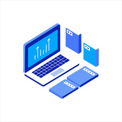 Isometric illustration of dual laptop with coding data analytics and AI symbol in a modern style, 