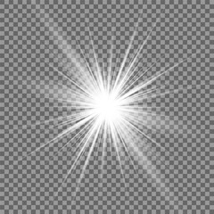 White beautiful light explodes with a transparent explosion. Vector, bright illustration for perfect effect with sparkles. Bright Star. Transparent shine of the gloss gradient, bright flash.