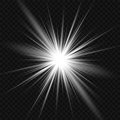 White beautiful light explodes with a transparent explosion. Vector, bright illustration for perfect effect with sparkles. Bright Star. Transparent shine of the gloss gradient, bright flash.
