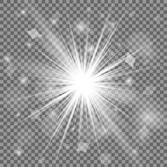 White beautiful light explodes with a transparent explosion. Vector, bright illustration for perfect effect with sparkles. Bright Star. Transparent shine of the gloss gradient, bright flash.