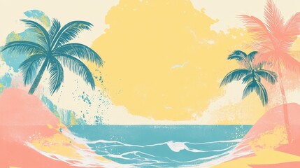 Obraz premium Pastel-colored scene with palm trees and waves in Coral, Aqua, and Sunny Yellow, alongside a blank canvas on the left.