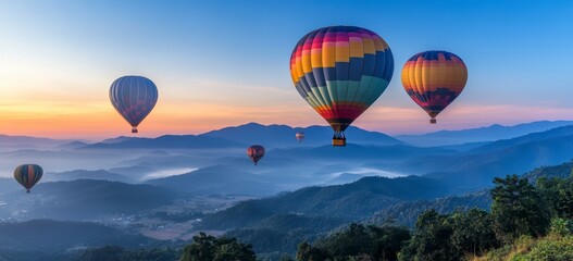 Naklejka premium Colorful balloons hovering over the mountains at dawn, against a background of blue sky and greenery