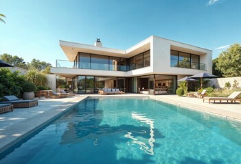 Fototapeta premium Stunning Modern Villa with Swimming Pool Surrounded by Lush Greenery in Bright Sunshine