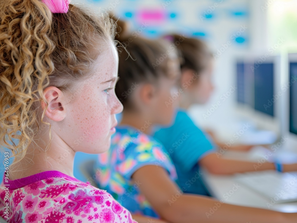 Fototapete Diverse Young Students Learning Computer Programming in a Classroom Setting, Guided by a Teacher, Focused and Engaged in Coding Exercises, Daytime